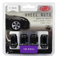 SAAS Wheel Nuts Flat Head Bulge 1/2" Black 35mm 5Pk 435915BC