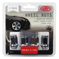 SAAS Wheel Nuts Flat Head Bulge 12 x 1.25 Chr 35mm 5Pk 435955