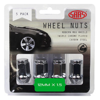 SAAS Wheel Nuts Flat Head Bulge 12 x 1.50 Chr 35mm 5Pk 435965