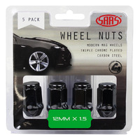 SAAS Wheel Nuts Flat Head Bulge 12 x 1.50 Black 35mm 5Pk 435965BC