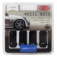 SAAS Wheel Nuts Flat Head Bulge 14x 1.5 Black 45mm 5Pk 445995BC