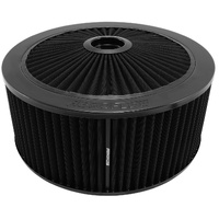 Aeroflow 14" x 6" Full Flow Air Filter Assembly, Black - 1-1/8" Drop Base. Washable Cotton Element. Fits 5-1/8" Neck
