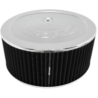 Aeroflow 14" x 6" Steel Top Air Filter Assembly, Chrome - 1-1/8" Drop Base. Washable Cotton Element. Fits 5-1/8" Neck