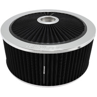 Aeroflow 14" x 6" Full Flow Air Filter Assembly, Chrome - 1-1/8" Drop Base. Washable Cotton Element. Fits 5-1/8" Neck