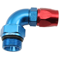 Aeroflow 90° ORB Male Swivel PTFE (Teflon®) Hose End -8 ORB to -6AN - Blue/Red Finish