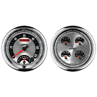 Auto Meter Gauge Kit American Muscle Quad Fuel Level Volts Oil Pressure Water Temperature & Tachometer/Speedometer 5 in. Set of 2 AMT-1205