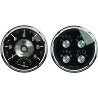 Auto Meter Gauge Kit Prestige Quad Fuel Level Volts Oil Pressure Water Temperature & Tachometer/Speedometer 5 in. Black Diamond Set of 2 AMT-2005