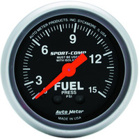 Auto Meter Gauge Sport-Comp Fuel Pressure 2 1/16 in. 15psi Mechanical W/Isolator Each AMT-3313