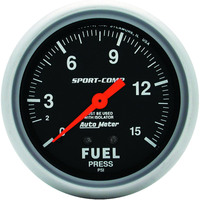 Auto Meter Gauge Sport-Comp Fuel Pressure 2 5/8 in. 15psi Mechanical W/Isolator Analog Each AMT-3413