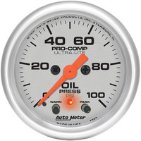 Auto Meter Gauge Ultra-Lite Oil Pressure 2 1/16 in. 100psi Digital Stepper Motor W/Peak & Warn Analog Each AMT-4352