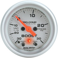Auto Meter Gauge Ultra-Lite Vacuum/Boost 2 1/16 in. 30 in. Hg/30psi Stepper Motor W/Peak & Warn Analog Each AMT-4377