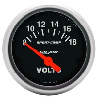 Auto Meter Sport-Comp Series Voltmeter Gauge 2-1/16" Electric 8-18 volts AU3391