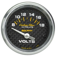 Auto Meter Carbon Fiber Series Voltmeter Gauge 2-1/16" Short Sweep 8-18 volts