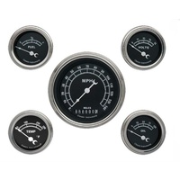 Classic Instruments Traditional Black Series 5 Gauge Set Kit Includes 3-3/8" KPH Speedo With 2-1/8" Accessories Gauges, Curved Glass CITR00SLC