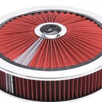 Edelbrock Air Cleaner Assembly Pro-Flo Round 14 in. Red Cotton Gauze Pro-Charge Stripe Chrome Trim Each EB43660