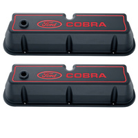 For Ford Motorsport For Ford COBRA DIE-CAST ALUM VALVE COVERS BLACK CRINKLE RED RECESSED EMBLEMS.