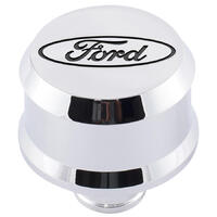 For Ford Motorsport Valve Cover Breather Slant Edge Aluminium Push-in Round Chrome Recessed Black For Ford Oval Logo 2.500 in. Diameter 1.220 in. Hole