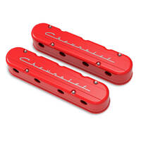 Holley Valve Cover Chevrolet Script 3.75 in. Height GM LS Engines Cast Aluminum Gloss Red Pair HL241-179