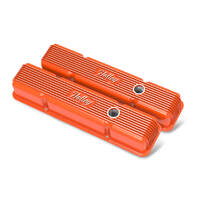 Holley Valve Cover Vintage Series 3.3 in. Height Small Block Chevrolet Cast Aluminum Factory Orange Pair HL241-239