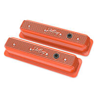 Holley Valve Cover Finned 3.4 in. Height Small Block Chevrolet Cast Aluminum Factory Orange Pair HL241-249