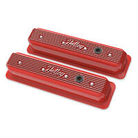 Holley Valve Cover Finned 3.4 in. Height Small Block Chevrolet Cast Aluminum Gloss Red Pair HL241-250