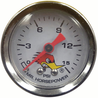 Mooneyes Clay Smith Fuel Pressure Gauge White Face 0-15psi, 1-1/2" O.D Liquid Filled