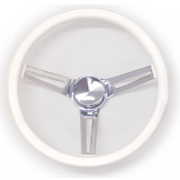 Mooneyes 13-1/2" Classic Steering Wheel Chrome Slotted 3 Spoke, White Vinyl Grip, 3" Dish