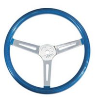 Mooneyes 15" Metal Flake Steering Wheel Chrome Slotted 3 Spoke, Blue Rubber Grip, 3" Dish