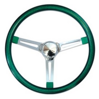 Mooneyes 15" Metal Flake Steering Wheel Chrome Slotted 3 Spoke, Green Rubber Grip, 3" Dish