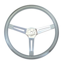 Mooneyes 15" Metal Flake Steering Wheel Chrome Slotted 3 Spoke, Silver Rubber Grip, 3" Dish