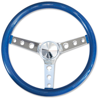 Mooneyes 15" California Metal Flake Steering Wheel Chrome Round Hole 3 Spoke, Blue Metal Flake, 3" Dish