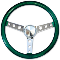 Mooneyes 15" California Metal Flake Steering Wheel Chrome Round Hole 3 Spoke, Green Metal Flake, 3" Dish