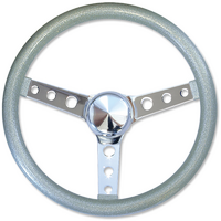 Mooneyes 15" California Metal Flake Steering Wheel Chrome Round Hole 3 Spoke, Silver Metal Flake, 3" Dish