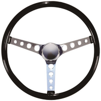 Mooneyes 15" California Steering Wheel Chrome Round Hole 3 Spoke, Solid Black, 3" Dish