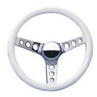 Mooneyes 15" Vinyl Steering Wheel Chrome 3 Hole, 3 Spoke, White Vinyl Grip, 4-1/8" Dish