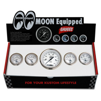 Mooneyes 5 Gauge Set, White Face With 3-3/8" Speedo & 4 2" Accessories Gauges
