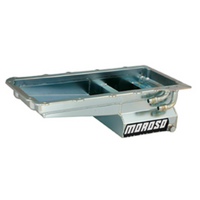 Moroso Steel Wet Sump Oil Pan, 6" Deep, Angled Sump Clear Zinc Finish Suits GM LS Series