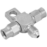 Proflow Stainless Steel Brake Adaptor Tee Block -03AN To 2 x -03AN Hose w/Mount Tab PFE328-03-03
