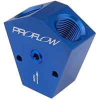 Proflow Fuel Block Y-Type Billet Aluminium Red Anodised 1/2in. in. NPT Female Inlet 3/8 in. NPT Female Outlets 1/8in. NPT Gauge Port PFE451-10-08B