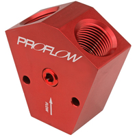 Proflow Fuel Block Y-Type Billet Aluminium Red Anodised 1/2in. in. NPT Female Inlet 3/8 in. NPT Female Outlets 1/8in. NPT Gauge Port PFE451-10-08R