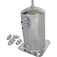 Proflow Fuel Surge Tank Aluminium, 195mm x 108mm Round, 1.5L, Barb & AN Fitting Kit, Show Polished