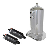 Proflow Fuel Surge Tank & Pump Kit Fabricated Aluminium 254mm x 108mm round 2.5L 2 x Proflow 044 style pumps and AN Fitting Kit Show Polished PFEST10