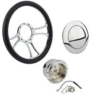 Proflow Billet 3 Slot Steering Wheel 14'' Chrome/Black Leather Universal Fit Steering Wheel Adaptor Horn Button 2 inch Dish Kit PFESTW-KIT3