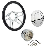 Proflow Billet 4 Slot Steering Wheel 14'' Chrome/Black Leather Universal Fit Steering Wheel Adaptor Horn Button 2 inch Dish Kit PFESTW-KIT4