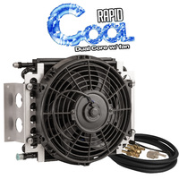 Proflow Transmission Cooler & Fan Kit Duel Core Black Powder coat 1 in x 11.50 in Tube & Fin 10in. Fan 650CFM AN6 Inlet Outlet 