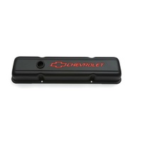Proform Stamped Steel Short Valve Covers Black Crinkle SB Chev With Red Logo