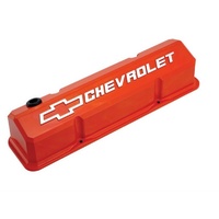 Proform Die-Cast Aluminium Slant Edge Valve Covers Orange SB Chev Logo & Bowtie