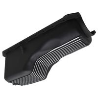 RTS Oil Pan Cast Aluminum Machined Finned Black 4 qt. SB For Chev Driver Side Dip Stick
