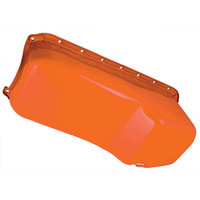 RTS Oil Pan Sump, Steel, OEM Style Chev Orange, SB Chev, 2-Piece Rear Main, Passanger Side Dipstick, Each