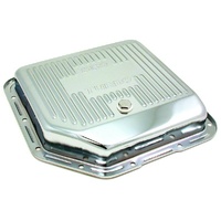 Transmission Pan GM Turbo 350 OEM Height Chrome Steel Finned with Drain Plug